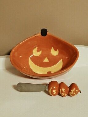Jack-O-Lantern Pumpkin Bowl Dish Spreader Knife Ceramic Halloween New Retro